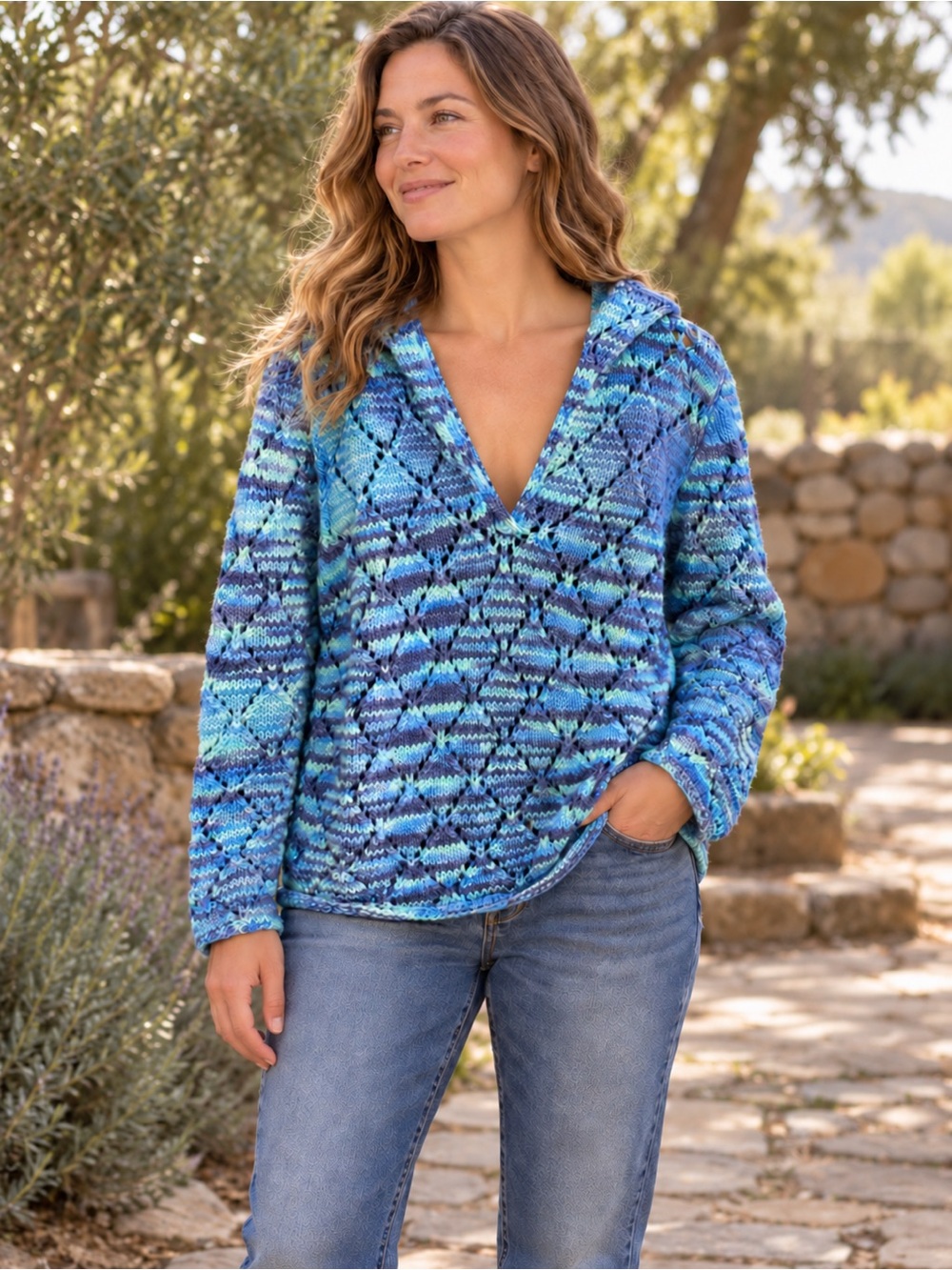 Handmade Blue Purple Teal Variegated Knit Hooded Sweater, Coastal, Boho, M/L